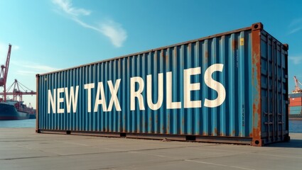 Large weathered shipping container with new tax rules at busy port