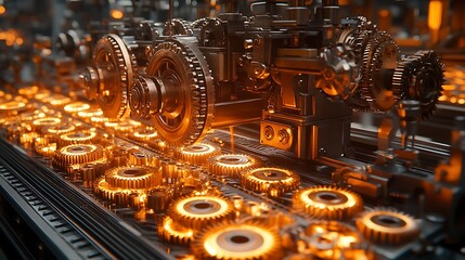 Fototapeta premium Intricate Glowing Gears in Motion Industrial Machinery Close Up