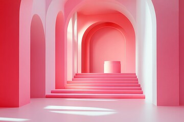 Minimalist pastel pink podium with arch and round display for product presentation. Abstract geometric vector background.