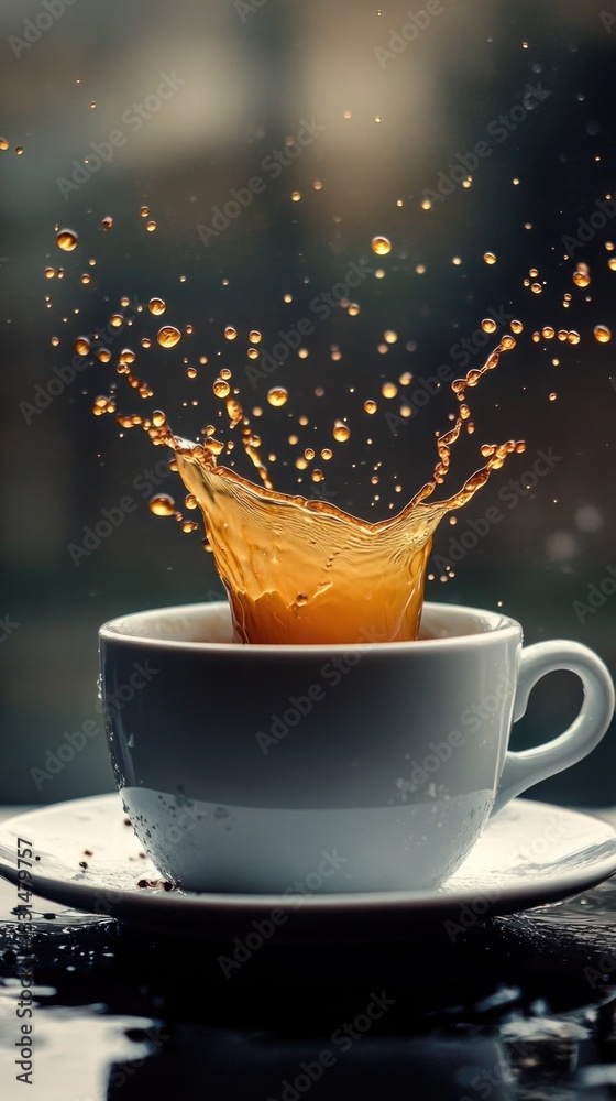 Poster a cup of coffee with a small amount of water on the surface, ready to be enjoyed