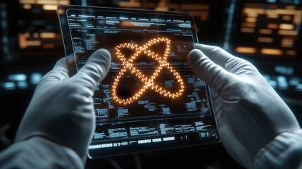 A scientist in gloves analyzes a glowing DNA sequence displayed on a futuristic digital screen, representing genetic research and medical innovation.  