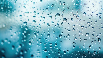 Close-up of Raindrops on a Window Pane with a Soft Blue Background Creating a Calm Atmosphere