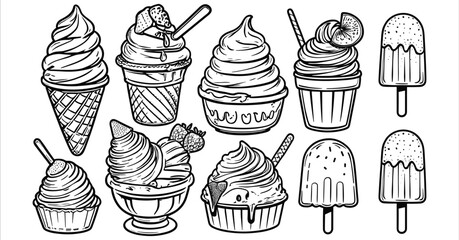 Ice cream cones and popsicles black and white line art. Black and white ice cream popsicle outline vector collection. Ice cream and popsicle icons in black and white