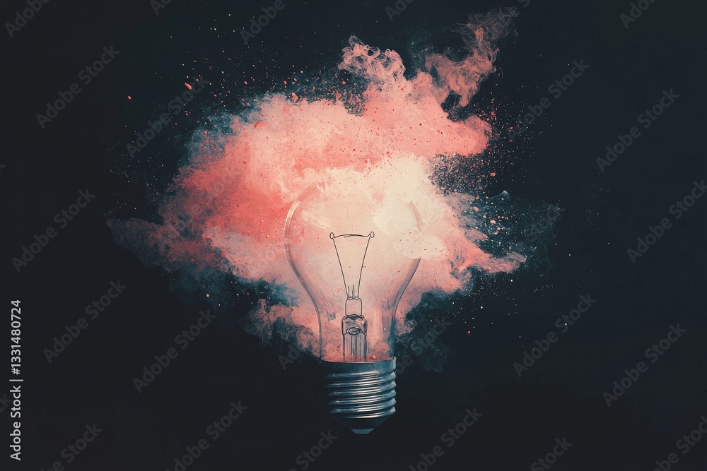 Poster a bright idea is represented by a colorful glowing lamp in the shape of a bulb, symbolizing the crea