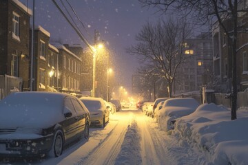 Obraz premium Cars parked along a snowy street under the stars, perfect for winter scenes or nighttime ambiance