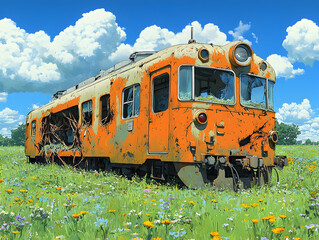 Obraz premium Abandoned train in a field of flowers
