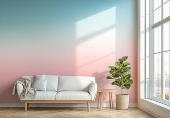 Pastel ombre wall, white sofa, plant, sunlight.