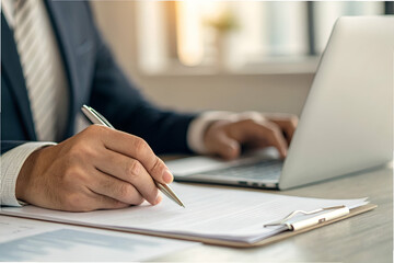 Fototapeta premium Businessman Writing Notes with Pen on Document While Using Laptop in Modern Office Environment with Natural Light Streaming Through Window