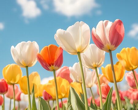 Sunny Spring Tulips Field Bloom.