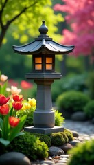Stone lantern among colorful flowers in a traditional Japanese garden, landscaping, vibrance, colorful
