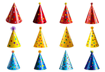 Set of Red, Blue, and Yellow Birthday Hats Isolated on Transparent Background, Hat PNG