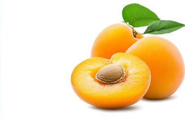 Two ripe apricots, one sliced open to reveal the pit and juicy flesh, sit against a bright white background, with a few green leaves adding freshness.