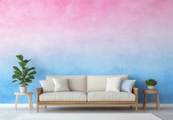 Pastel pink and blue ombre wall with sofa.