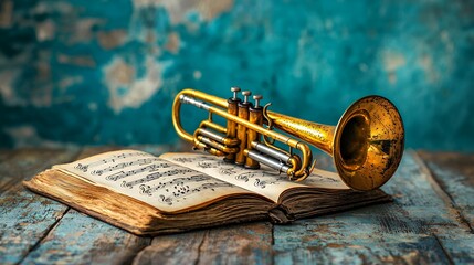 Naklejka premium Aged Brass Trumpet on Antique Music Book with Teal Background
