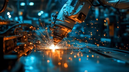 Close up view of a robotic arm welding metal, sparks flying, industrial setting, dark background, bright light on sparks.