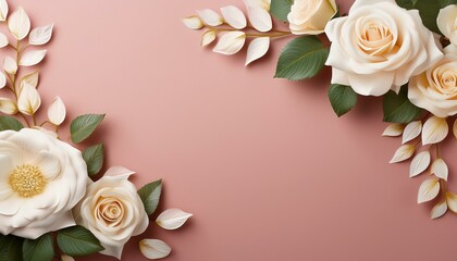 white roses corner border on soft pink background