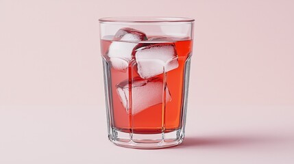 Amber Liquid in Cut Glass with Ice Cubes on Pink Background