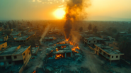 Aerial view of a devastated city at sunset