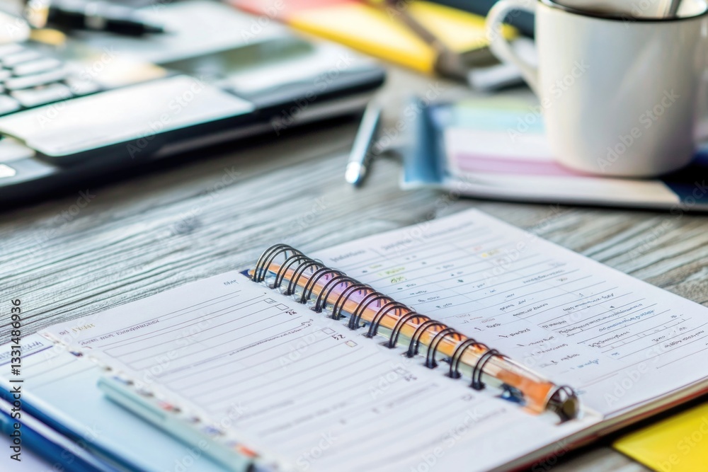 Poster a desk setup with a notebook, pen, and cup of coffee, suitable for working or studying