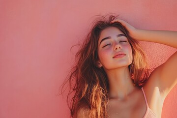 Fototapeta premium A young woman enjoys the sun on a pink background