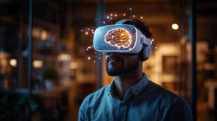 Man experiencing AI-powered brain simulation in virtual reality