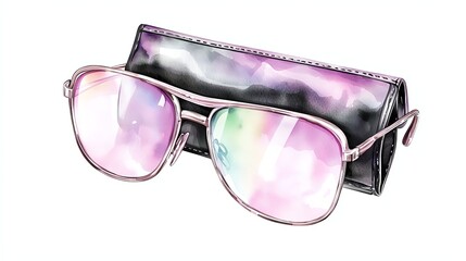 Stylish sunglasses with colorful lenses and a sleek case on a white isolated background.