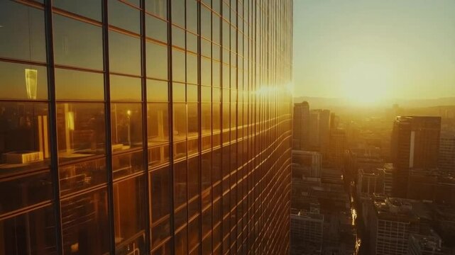 Panoramic view of sunset reflecting on glass building facade with golden light, copy space
