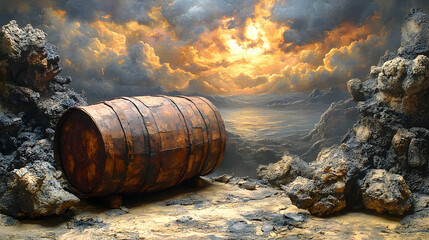 Fototapeta premium Aged wooden barrel on a dramatic landscape