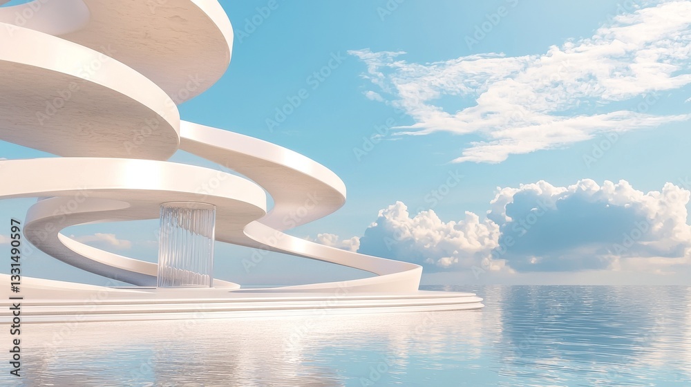 Poster futuristic architecture featuring abstract wavy patterns is showcased in a 3d render with a concrete