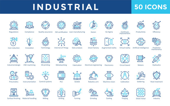 Industrial icon set with regulations, compliance, quality assurance, iso certification, lean manufacturing, kaizen, six sigma, continuous improvement, productivity icon. Simple outline color vector 
