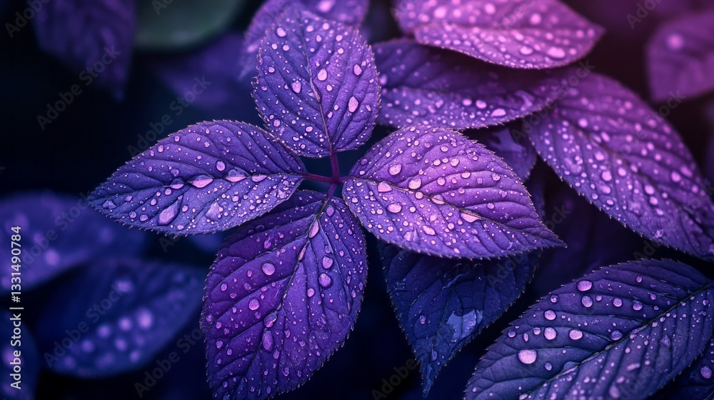 Poster delicate droplets collect on lush leaves, creating a mesmerizing contrast of colors in soothing shad