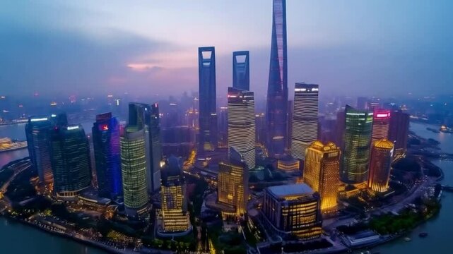 Aerial view of  skyline at twilight with illuminated skyscrapers and city lights, copy space

