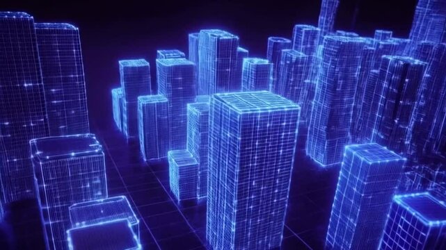 Abstract digital cityscape with glowing blue skyscrapers in futuristic style, copy space