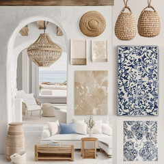 A sophisticated interior design mood board blending coastal/nautical aesthetics with timeless Italian design. The board features a refined Mediterranean-inspired color palette