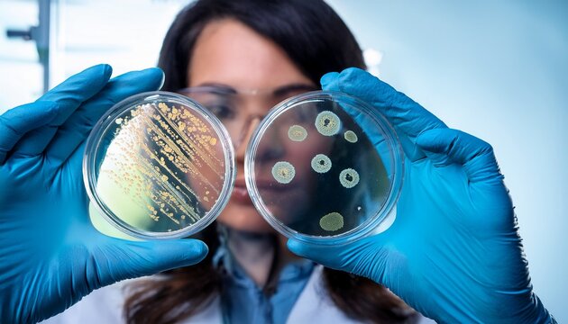 Scientist in protective gloves holding a Petri dish with bacterial colonies, representing microbiology research and scientific study.