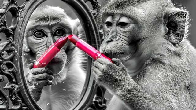 A monkey playfully uses lipstick, looking into a mirror surrounded by the lush greenery of the jungle