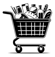 shopping cart full of groceries, isolated on white background  