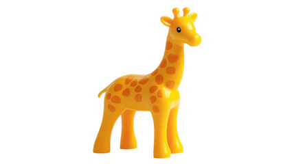 Fototapeta premium Brightly colored giraffe toy stands upright against a plain background, showcasing its playful design and charm in a fun setting