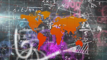 World map with orange overlay and mathematical equations in colorful animation - Powered by Adobe