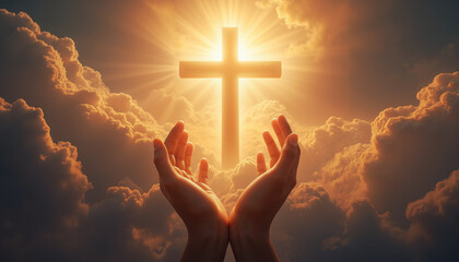 Praying hands lifted toward a radiant cross shining in golden clouds, symbolizing Christian devotion, spiritual awakening, and divine guidance
