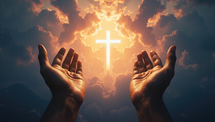 Praying hands lifted toward a radiant cross shining in golden clouds, symbolizing Christian devotion, spiritual awakening, and divine guidance