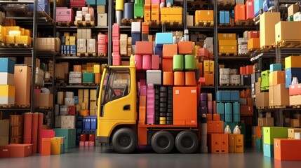 Obraz premium Colorful truck loaded with boxes in warehouse.