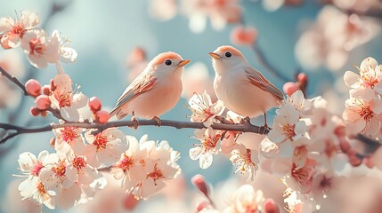 Fototapeta premium Two Pastel Pink Birds Perched on Delicate Spring Blossoms Nature Photography