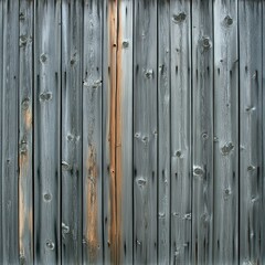 Fototapeta premium A weathered wooden fence, aged and rustic, features several irregular holes and a corroded metal strip running along its length, showcasing a blend of nature and decay.
