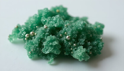 The texture of the rare earth metal terbium, with its characteristic green hue and small crystals on a white chalk background.