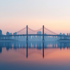 Obraz premium serene sunrise over city bridge, reflecting in calm waters. skyline features silhouettes of buildings, creating tranquil atmosphere