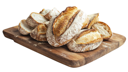 Freshly baked artisanal bread loaves arranged on a wooden cutting board in a cozy kitchen setting