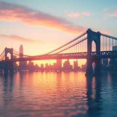 Obraz premium stunning sunset view of bridge over calm water, with city skyline