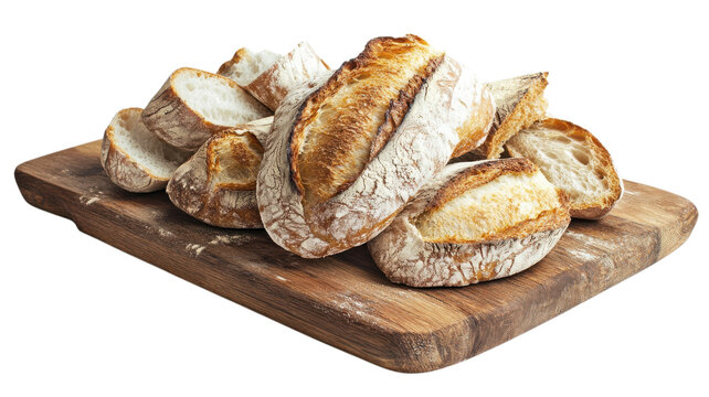 Freshly baked artisanal bread loaves arranged on a wooden cutting board in a cozy kitchen setting