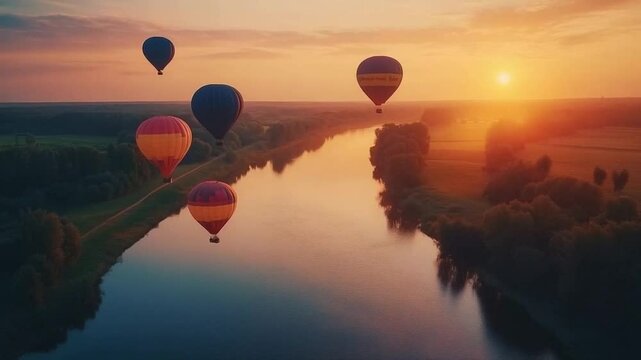 Aerial view of hot air balloons floating over river at sunrise, copy space